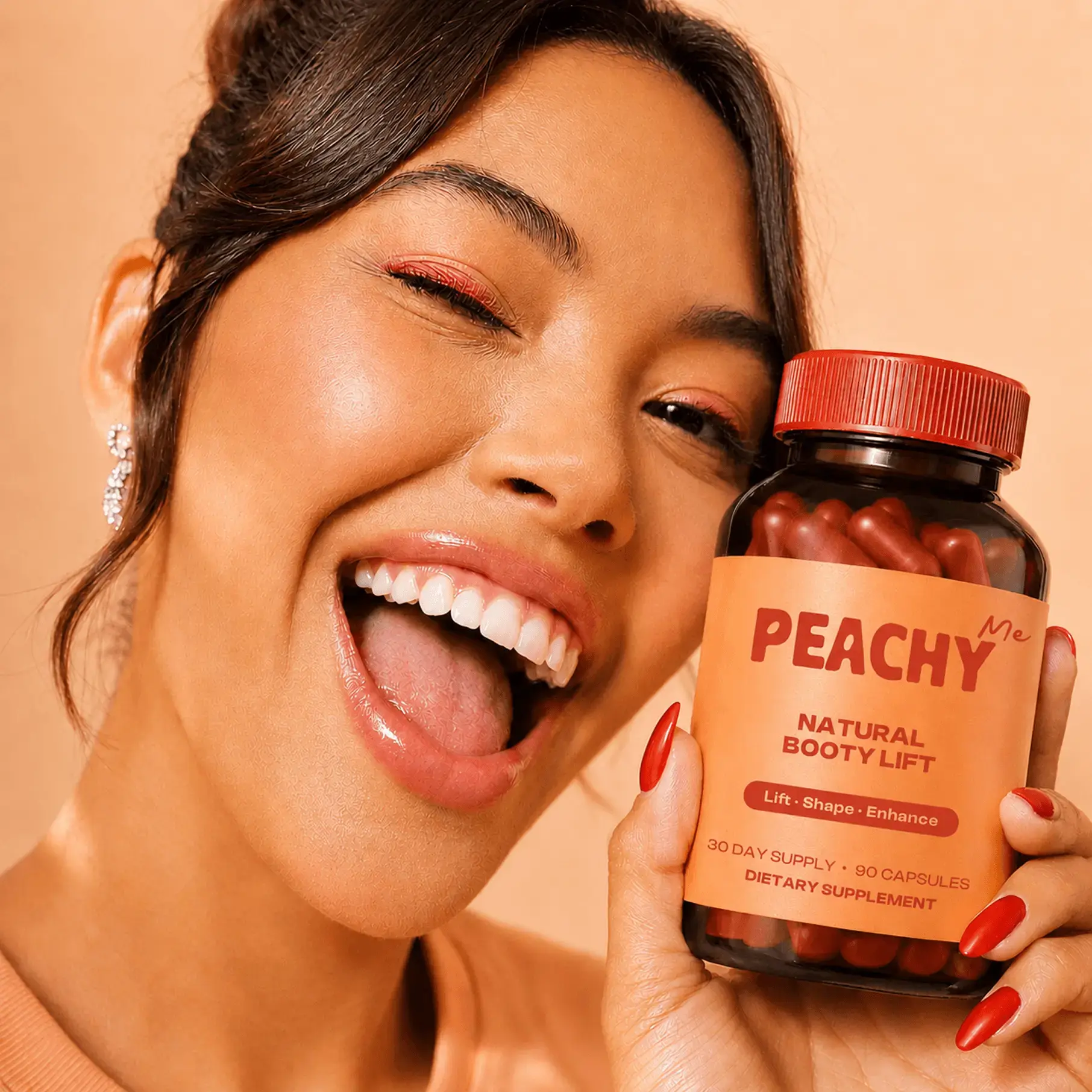 A happy woman holding a jar of Peachy product in her hands