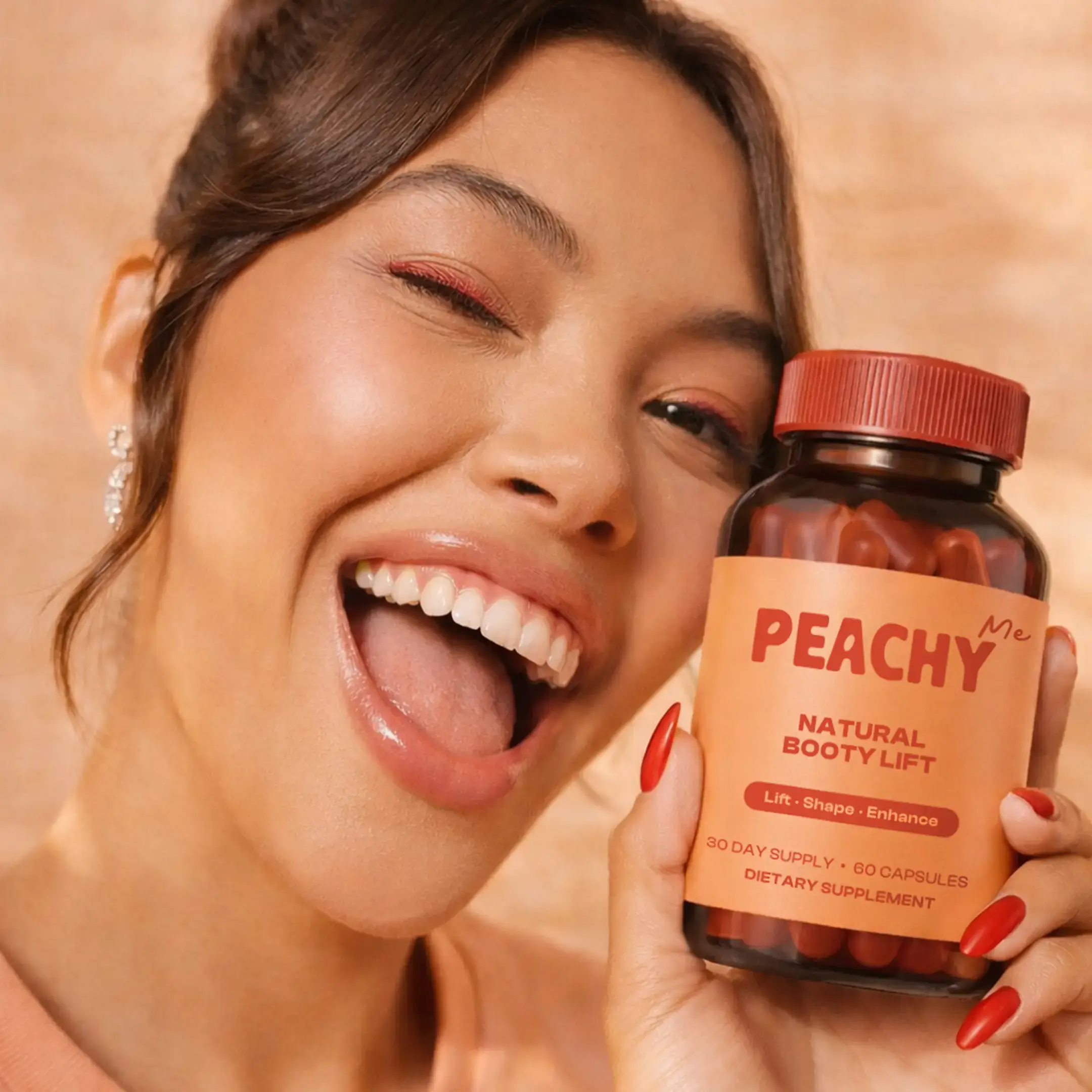 A happy woman holding a jar of Peachy product in her hands